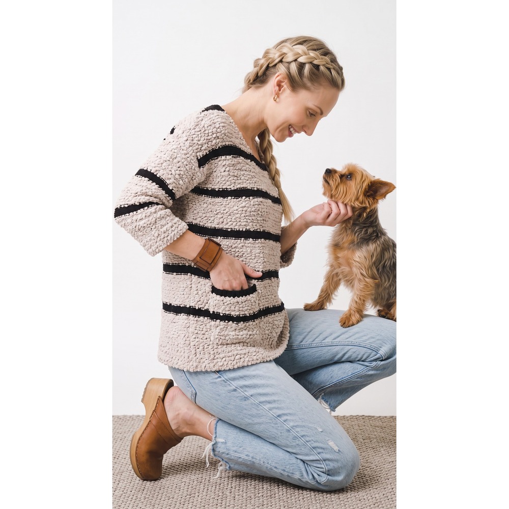 Rewind Beige Black Striped Popcorn Knit 3/4 Sleeve Scoop Neck Sweater L Cozy